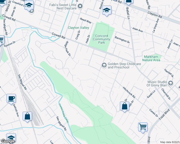 map of restaurants, bars, coffee shops, grocery stores, and more near 3674 Rosebrook Court in Concord
