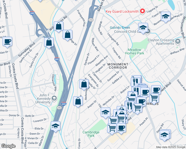 map of restaurants, bars, coffee shops, grocery stores, and more near 1351 Cypress Drive in Concord