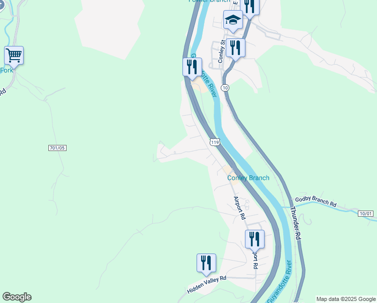 map of restaurants, bars, coffee shops, grocery stores, and more near 53 James St in Chapmanville