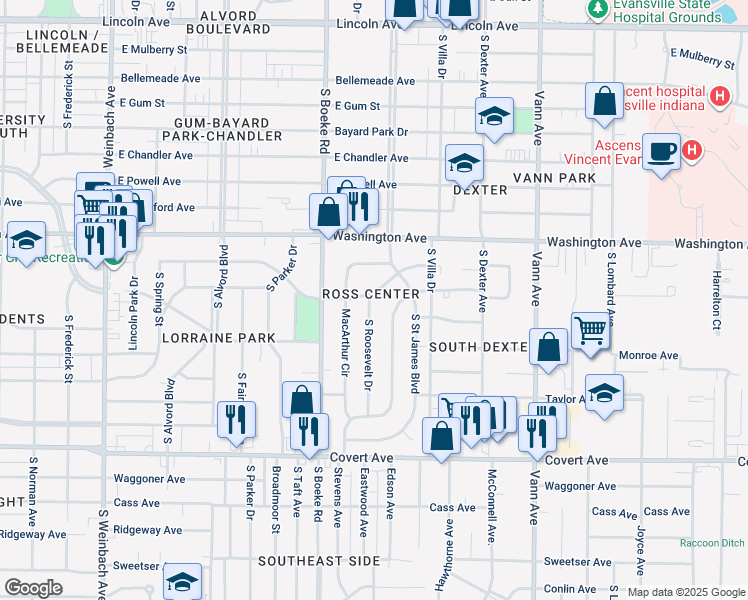 map of restaurants, bars, coffee shops, grocery stores, and more near 1115 Corregidor Circle in Evansville