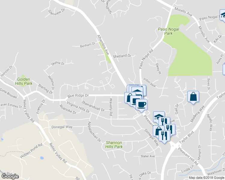 map of restaurants, bars, coffee shops, grocery stores, and more near 218 Oak Manor Plaza in Martinez