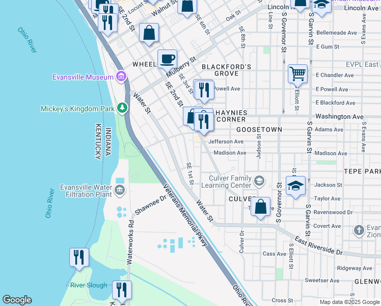 map of restaurants, bars, coffee shops, grocery stores, and more near 1134 SE 1st St in Evansville