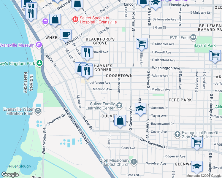 map of restaurants, bars, coffee shops, grocery stores, and more near 198 Madison Avenue in Evansville