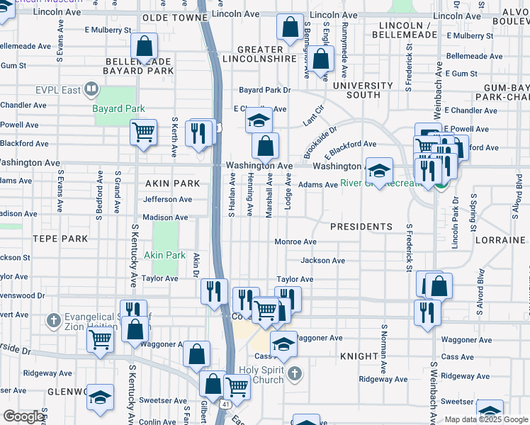 map of restaurants, bars, coffee shops, grocery stores, and more near 1127 Marshall Avenue in Evansville