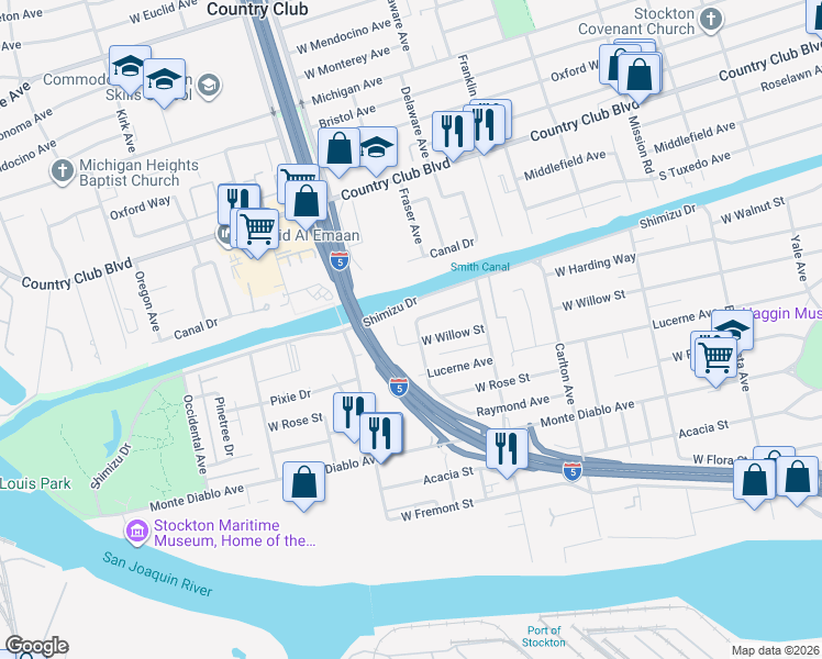 map of restaurants, bars, coffee shops, grocery stores, and more near 1417 Queen Avenue in Stockton