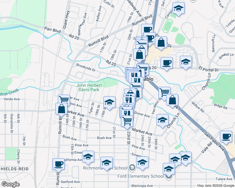 map of restaurants, bars, coffee shops, grocery stores, and more near 1992 20th Street in San Pablo