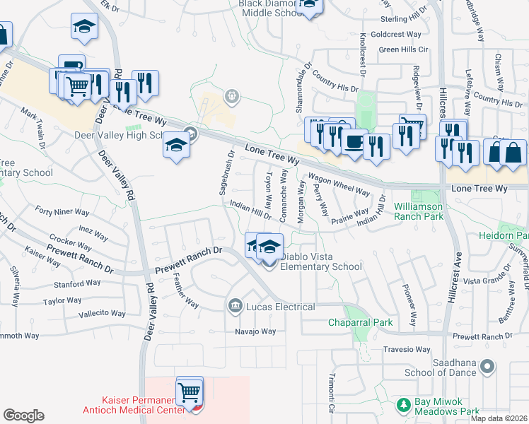 map of restaurants, bars, coffee shops, grocery stores, and more near 5101 Sundance Court in Antioch