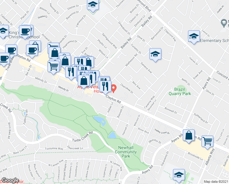 map of restaurants, bars, coffee shops, grocery stores, and more near 4807 Clayton Road in Concord