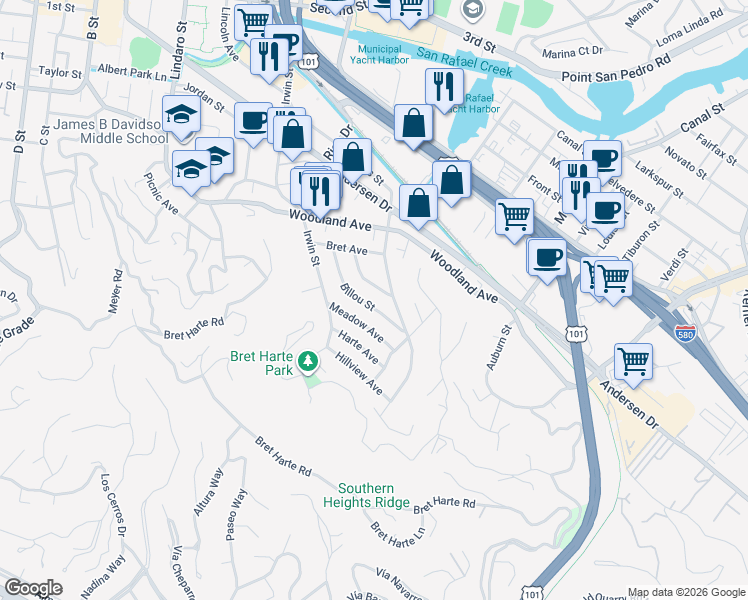 map of restaurants, bars, coffee shops, grocery stores, and more near 50 Billou Street in San Rafael