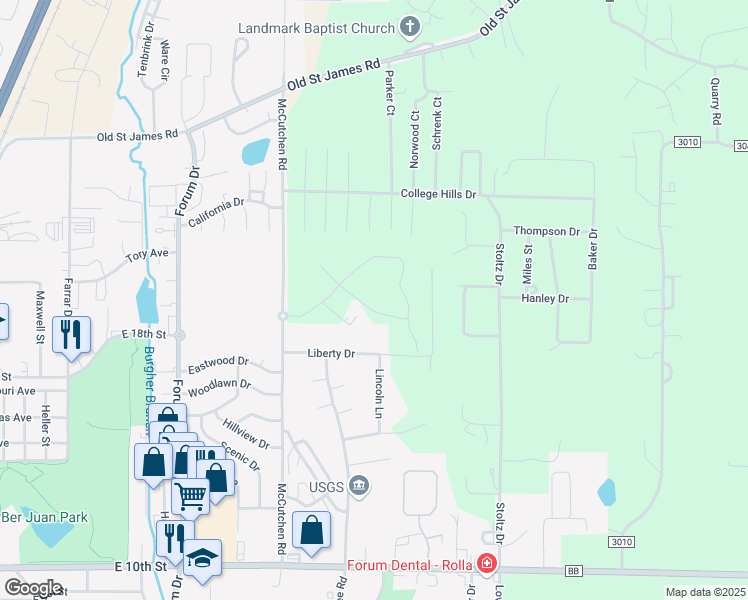map of restaurants, bars, coffee shops, grocery stores, and more near 1507 Liberty Drive in Rolla