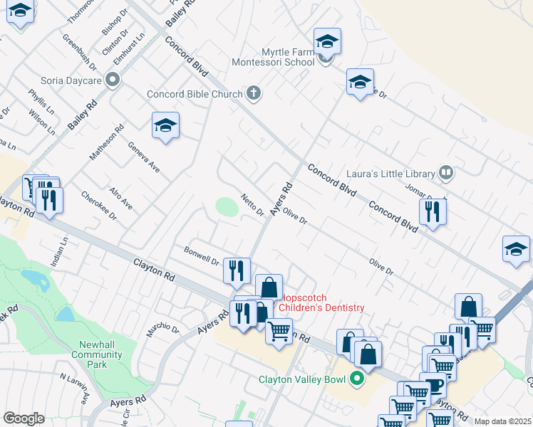 map of restaurants, bars, coffee shops, grocery stores, and more near 1623 Ayers Road in Concord