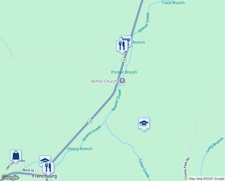map of restaurants, bars, coffee shops, grocery stores, and more near 847 Kentucky 36 in Frenchburg