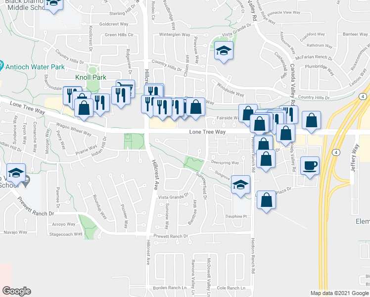 map of restaurants, bars, coffee shops, grocery stores, and more near 5130 Plumwood Way in Antioch