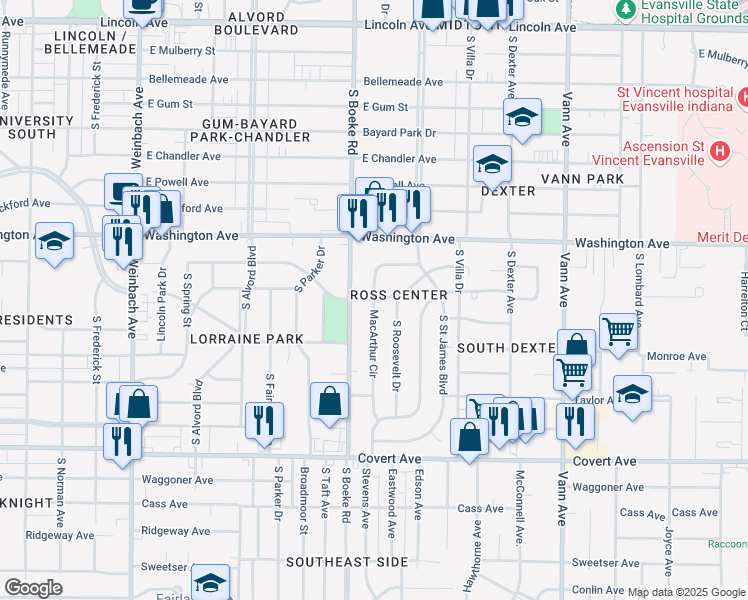 map of restaurants, bars, coffee shops, grocery stores, and more near 2499 Adams Avenue in Evansville