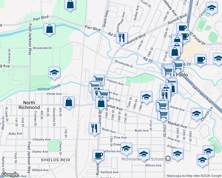 map of restaurants, bars, coffee shops, grocery stores, and more near 1924 14th Street in San Pablo