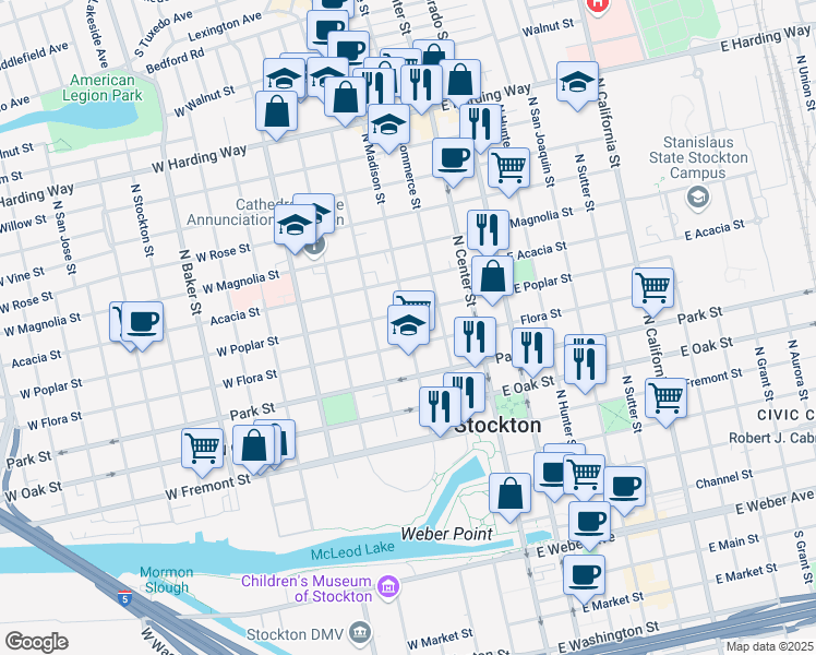 map of restaurants, bars, coffee shops, grocery stores, and more near 817 North Madison Street in Stockton