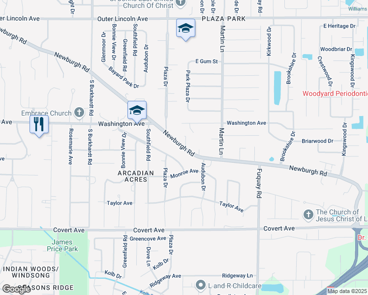 map of restaurants, bars, coffee shops, grocery stores, and more near 7088 Newburgh Road in Evansville
