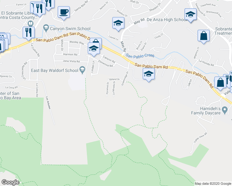 map of restaurants, bars, coffee shops, grocery stores, and more near 2156 La Mirada Dr in Richmond