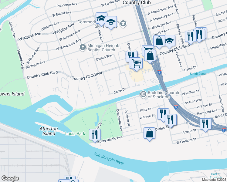 map of restaurants, bars, coffee shops, grocery stores, and more near 3029 Canal Drive in Stockton