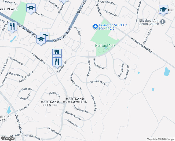 map of restaurants, bars, coffee shops, grocery stores, and more near 2361 Abbeywood Road in Lexington