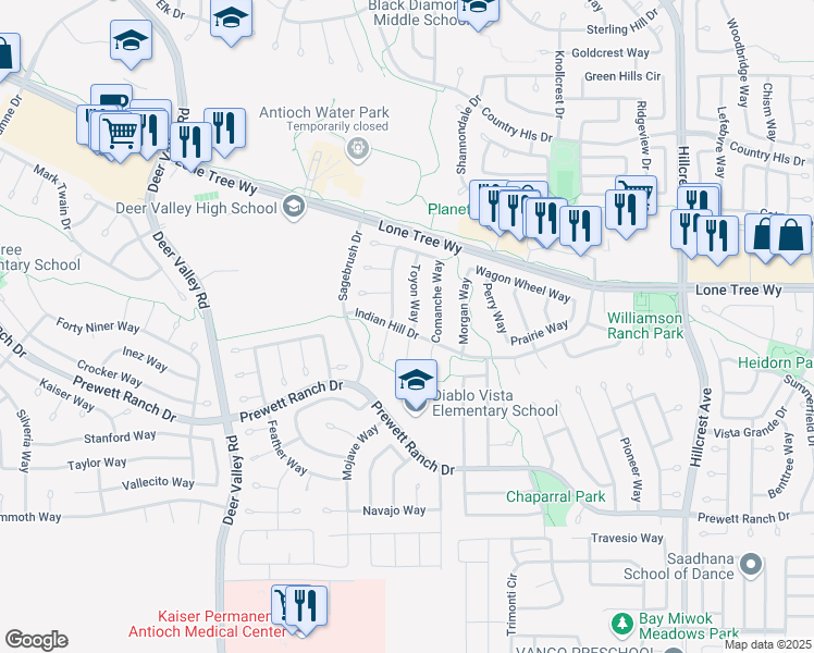 map of restaurants, bars, coffee shops, grocery stores, and more near 5064 Toyon Way in Antioch