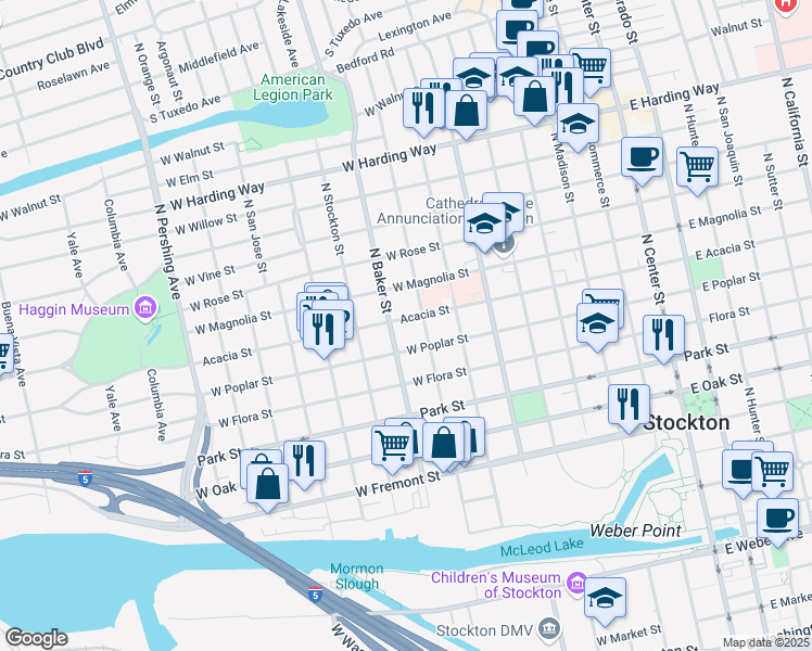map of restaurants, bars, coffee shops, grocery stores, and more near 728 Acacia Street in Stockton