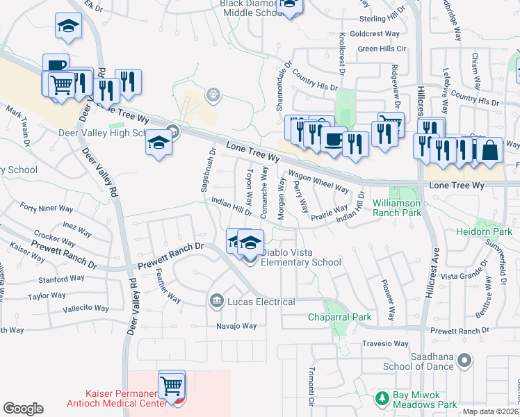map of restaurants, bars, coffee shops, grocery stores, and more near 5058 Comanche Way in Antioch