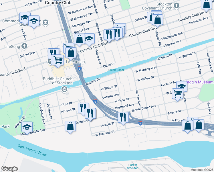map of restaurants, bars, coffee shops, grocery stores, and more near 2401 West Willow Street in Stockton