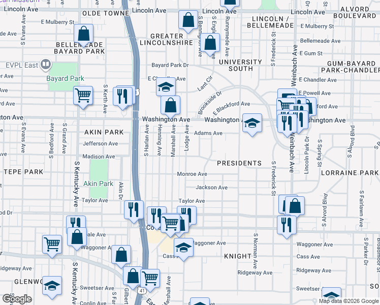 map of restaurants, bars, coffee shops, grocery stores, and more near 1128 Lodge Ave in Evansville