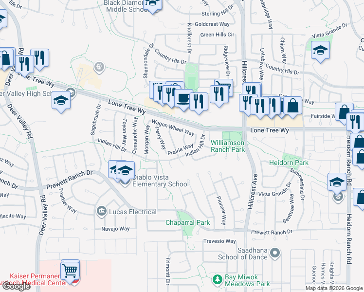 map of restaurants, bars, coffee shops, grocery stores, and more near 5020 Brookhaven Way in Antioch