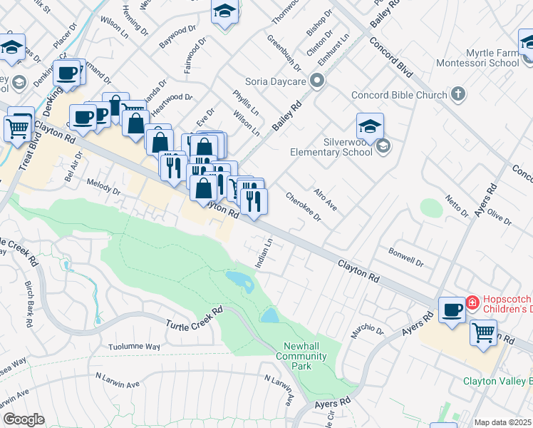 map of restaurants, bars, coffee shops, grocery stores, and more near 1524 Matheson Road in Concord