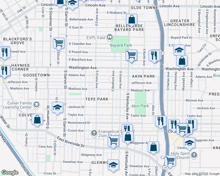 map of restaurants, bars, coffee shops, grocery stores, and more near 842 Madison Avenue in Evansville