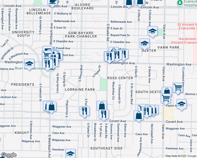 map of restaurants, bars, coffee shops, grocery stores, and more near 1157 South Taft Avenue in Evansville
