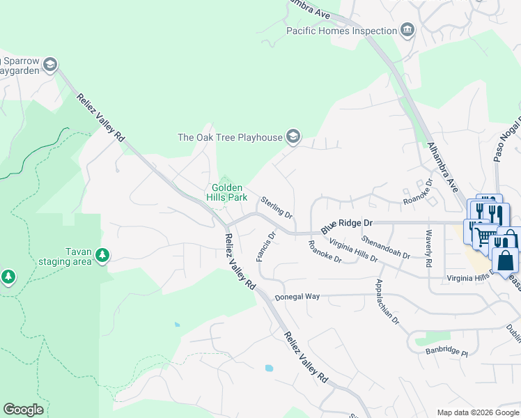 map of restaurants, bars, coffee shops, grocery stores, and more near 648 Blue Ridge Dr in Martinez