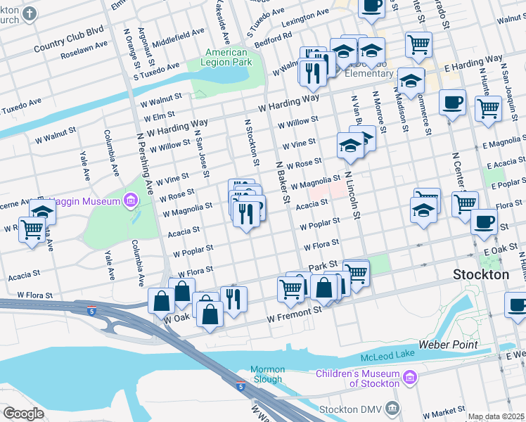 map of restaurants, bars, coffee shops, grocery stores, and more near 1005 North Stockton Street in Stockton
