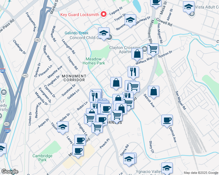 map of restaurants, bars, coffee shops, grocery stores, and more near 2398 Walters Way in Concord