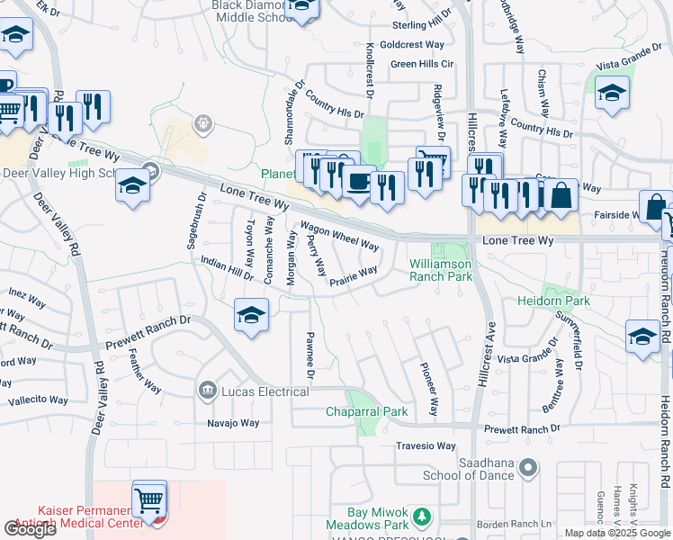 map of restaurants, bars, coffee shops, grocery stores, and more near 5028 Longbranch Way in Antioch