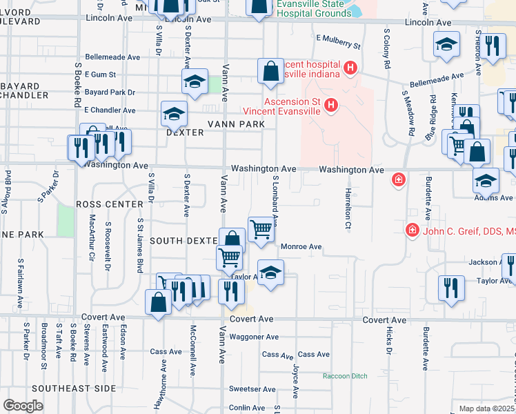 map of restaurants, bars, coffee shops, grocery stores, and more near 1166 Hatfield Drive in Evansville