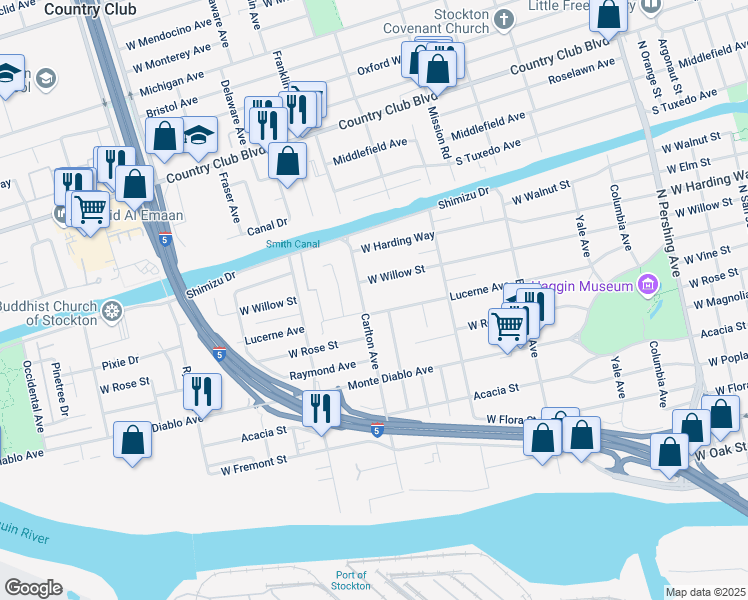 map of restaurants, bars, coffee shops, grocery stores, and more near 1324 Carlton Ave in Stockton