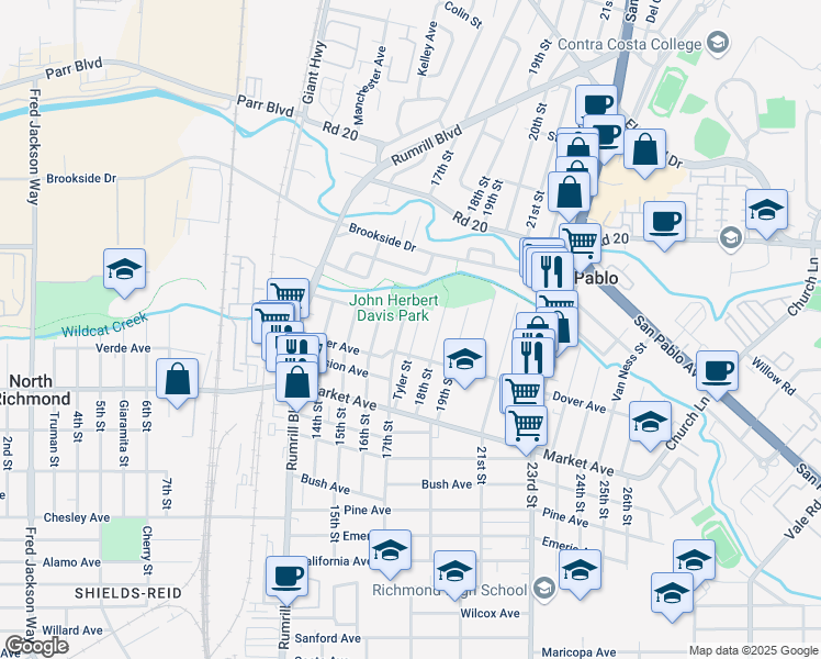 map of restaurants, bars, coffee shops, grocery stores, and more near 1955 Tyler Street in San Pablo