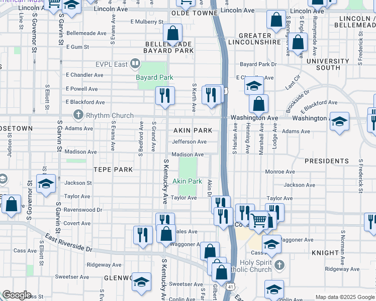 map of restaurants, bars, coffee shops, grocery stores, and more near 1066 Madison Ave in Evansville