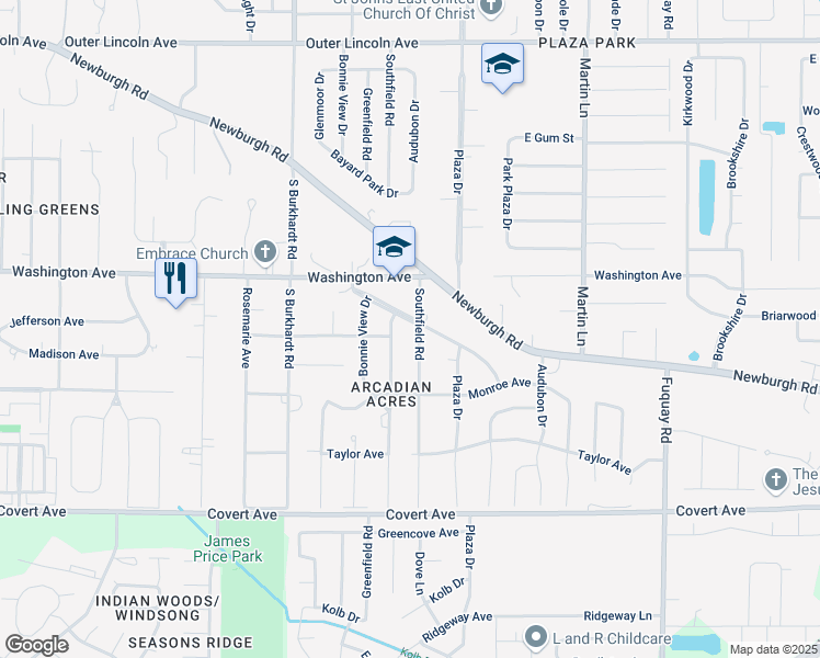 map of restaurants, bars, coffee shops, grocery stores, and more near 6715 Arcadian Highway in Evansville