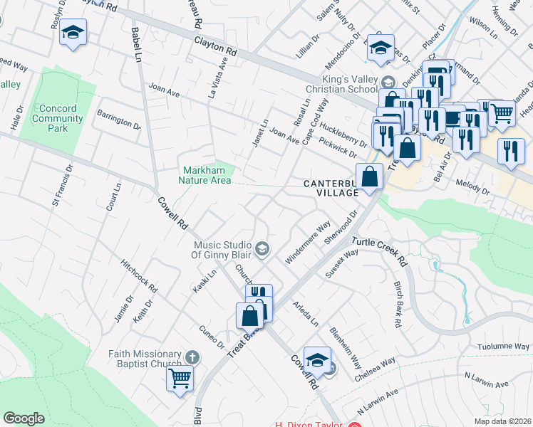 map of restaurants, bars, coffee shops, grocery stores, and more near 4120 Kensington Court in Concord