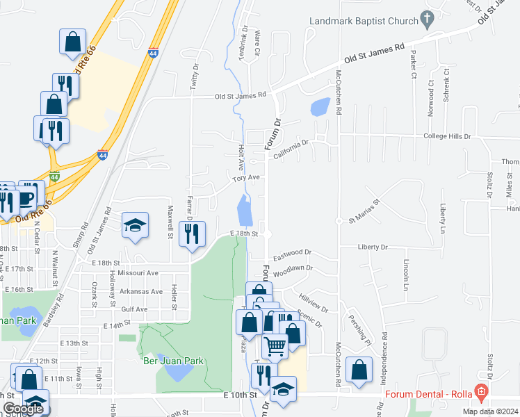 map of restaurants, bars, coffee shops, grocery stores, and more near 1815 Forum Drive in Rolla