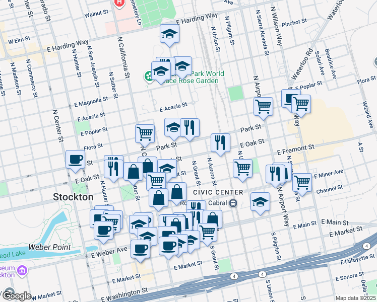 map of restaurants, bars, coffee shops, grocery stores, and more near 613 North Grant Street in Stockton
