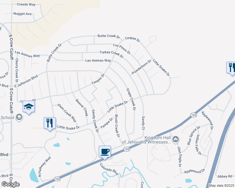 map of restaurants, bars, coffee shops, grocery stores, and more near Brush Creek Drive in Pueblo
