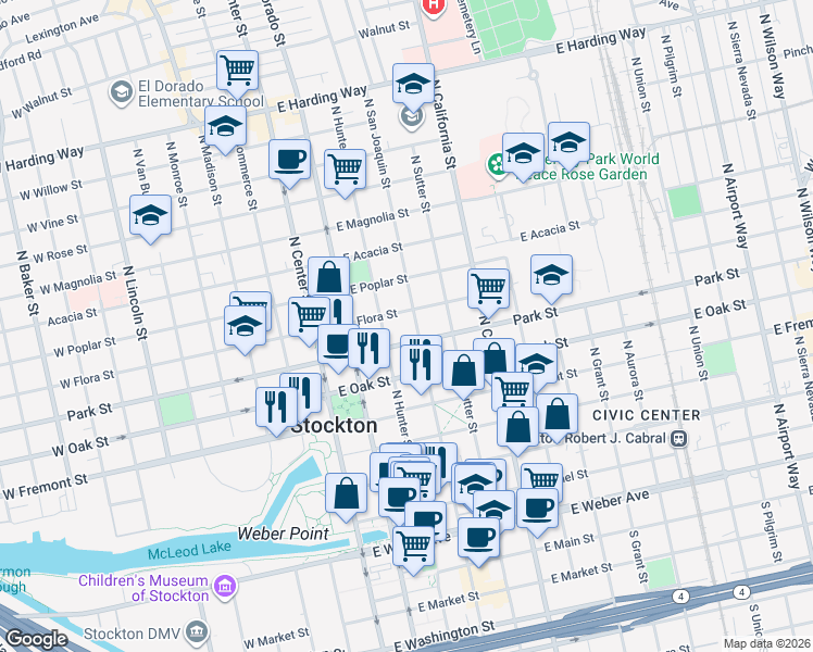 map of restaurants, bars, coffee shops, grocery stores, and more near 736 North Hunter Street in Stockton
