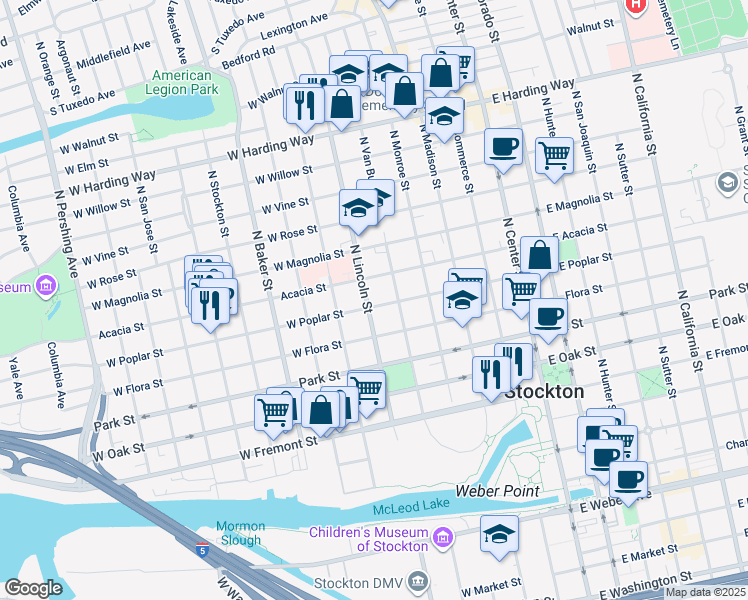 map of restaurants, bars, coffee shops, grocery stores, and more near 509 West Poplar Street in Stockton
