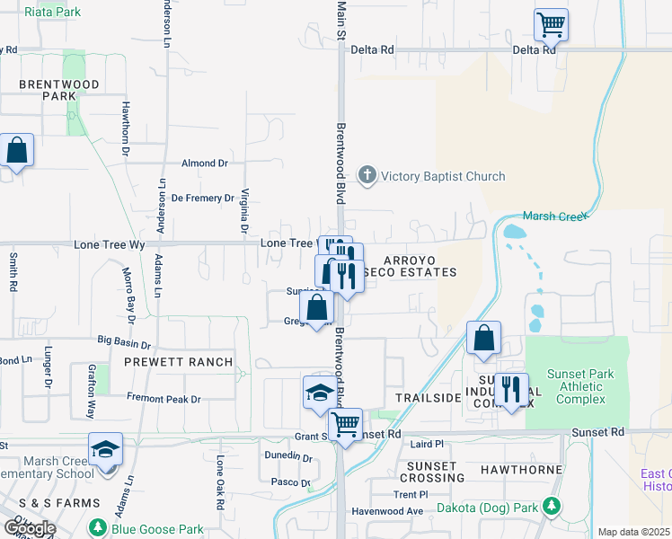 map of restaurants, bars, coffee shops, grocery stores, and more near 6571 Brentwood Boulevard in Brentwood