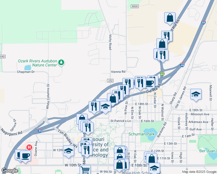 map of restaurants, bars, coffee shops, grocery stores, and more near 1813 Vichy Road in Rolla